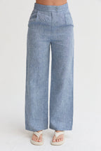 Pantalon large en lin pour femme avec plis sur le devant et poches latérales