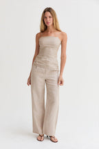 Pantalon large en lin pour femme avec plis sur le devant et poches latérales