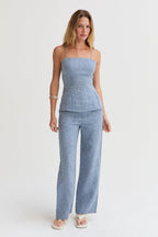 Pantalon large en lin pour femme avec plis sur le devant et poches latérales