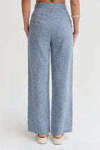 Pantalon large en lin pour femme avec plis sur le devant et poches latérales