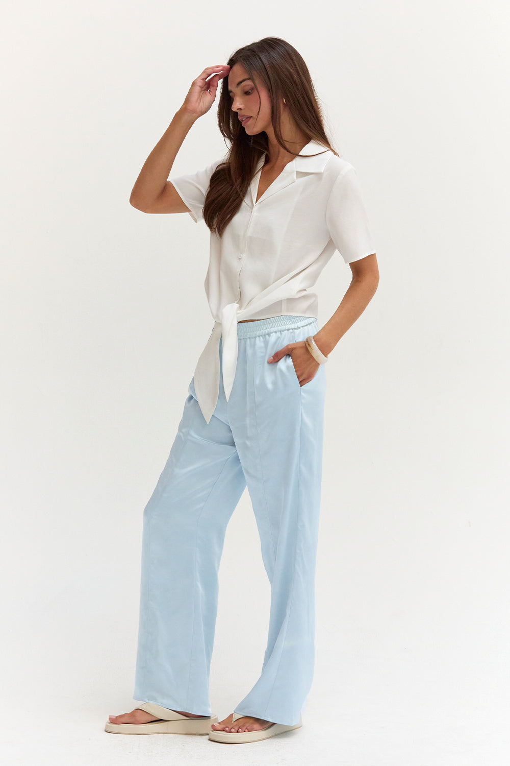 Pantalon en satin à enfiler Coupe droite décontractée Taille élastique Femme