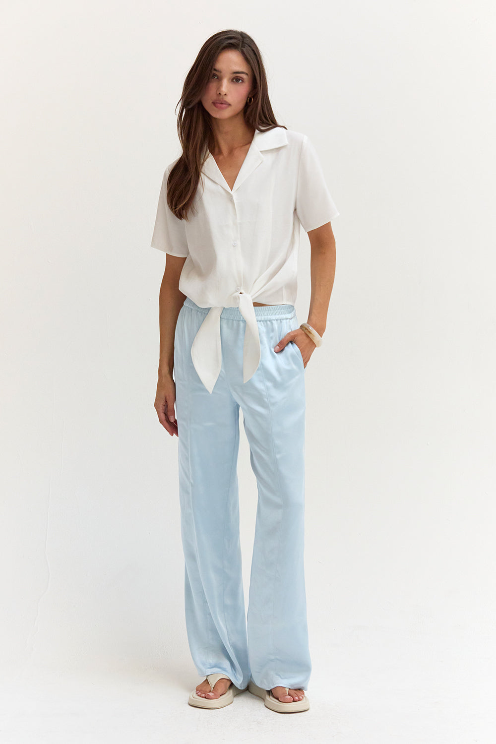 Pantalon en satin à enfiler Coupe droite décontractée Taille élastique Femme