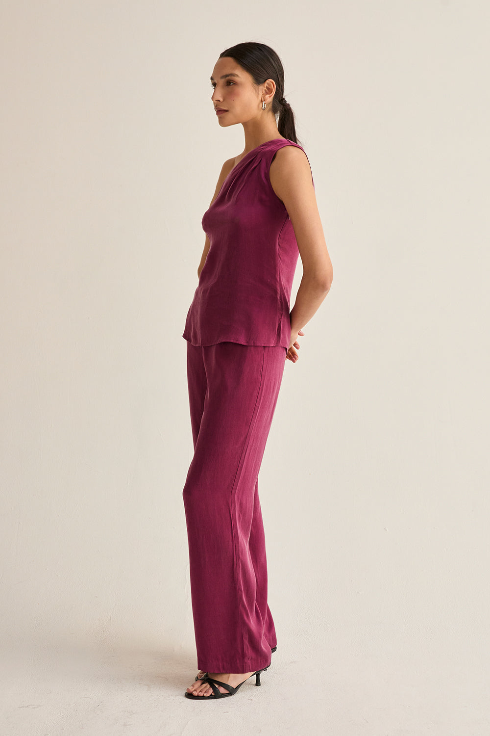 Pantalon droit taille haute en cupro avec poches italiennes