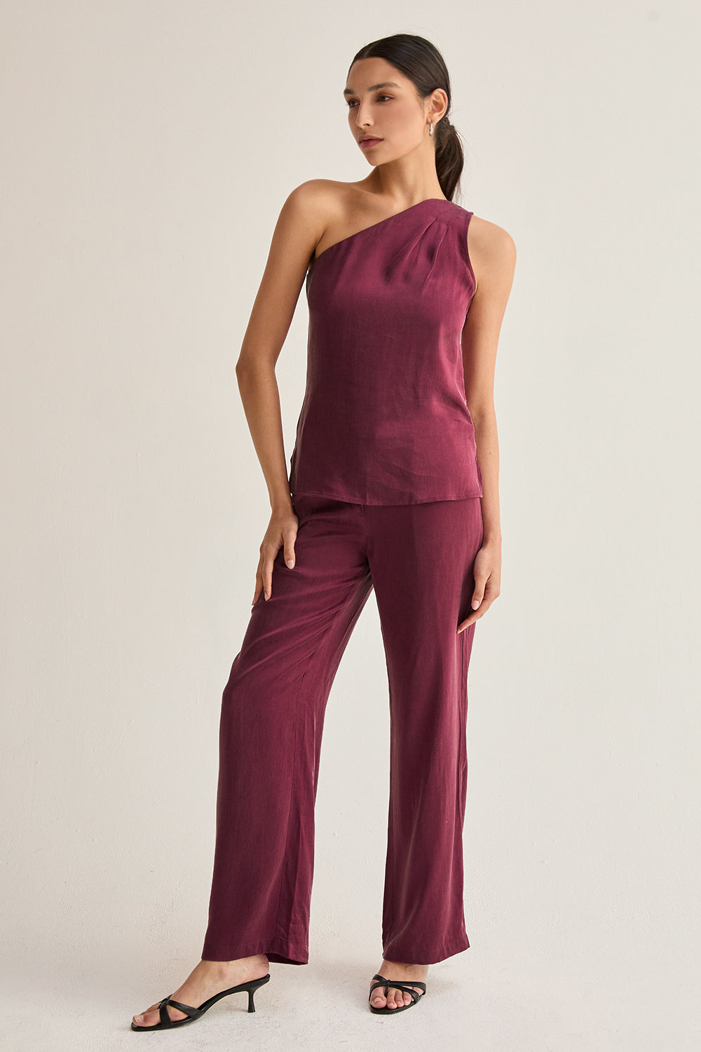 Pantalon droit taille haute en cupro avec poches italiennes
