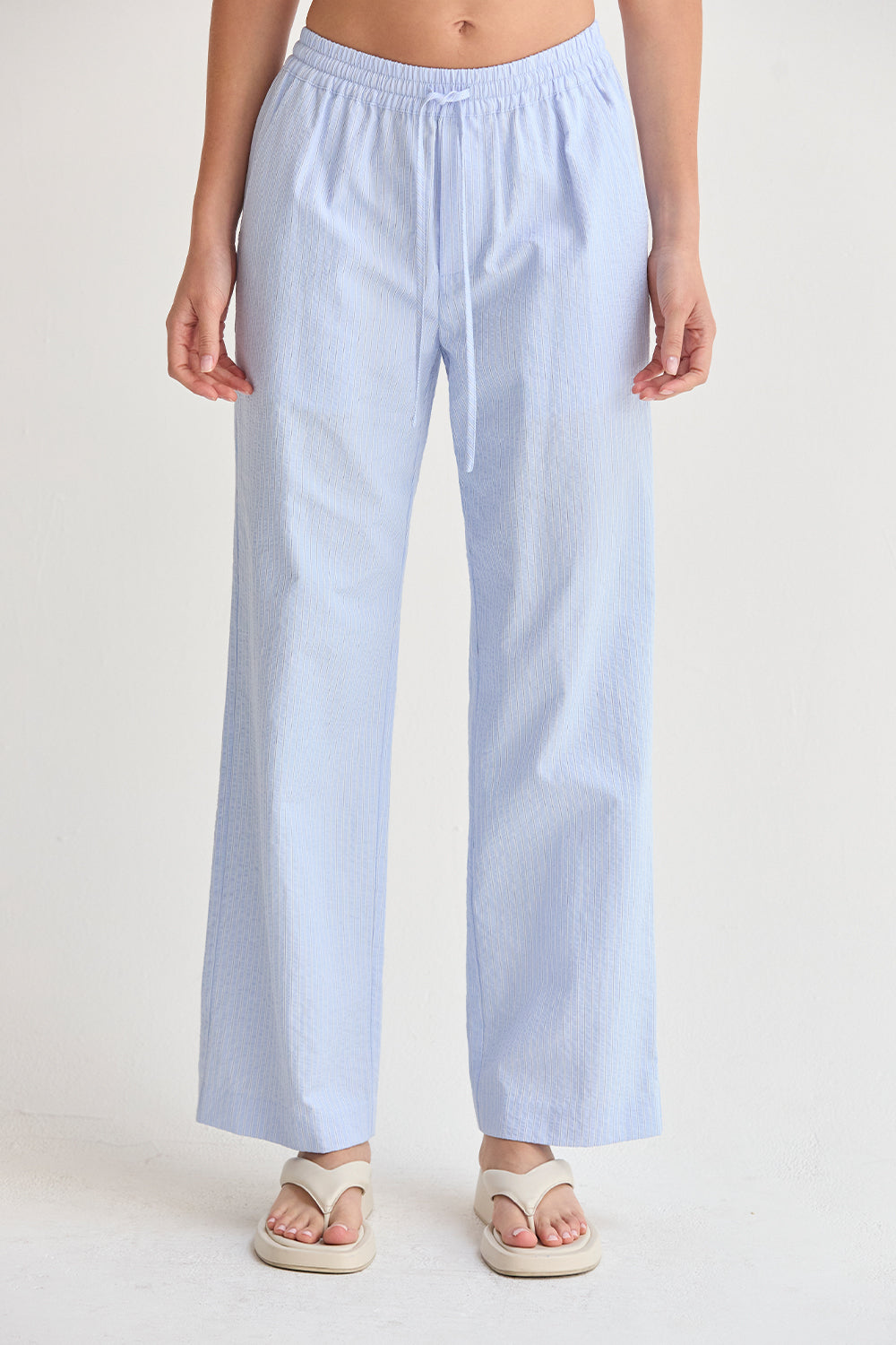 Pantalon décontracté à jambe droite et taille mi-haute en tissu texturé rayé avec cordon de serrage pour femme