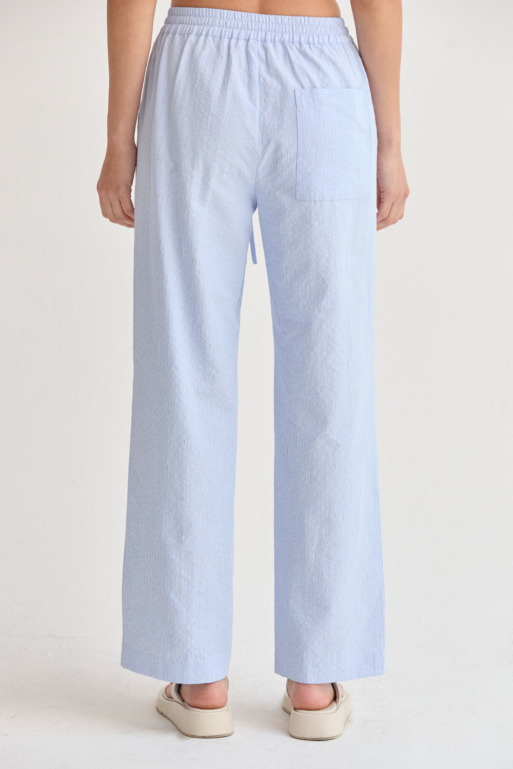 Pantalon décontracté à jambe droite et taille mi-haute en tissu texturé rayé avec cordon de serrage pour femme