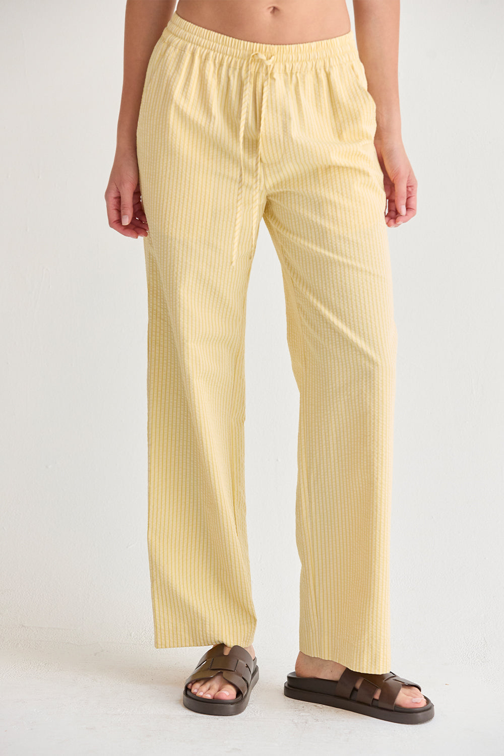 Pantalon décontracté à jambe droite et taille mi-haute en tissu texturé rayé avec cordon de serrage pour femme