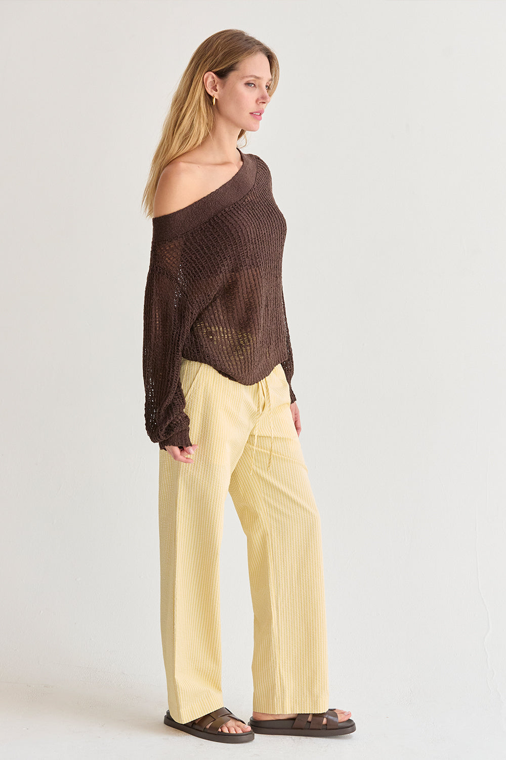 Pantalon décontracté à jambe droite et taille mi-haute en tissu texturé rayé avec cordon de serrage pour femme