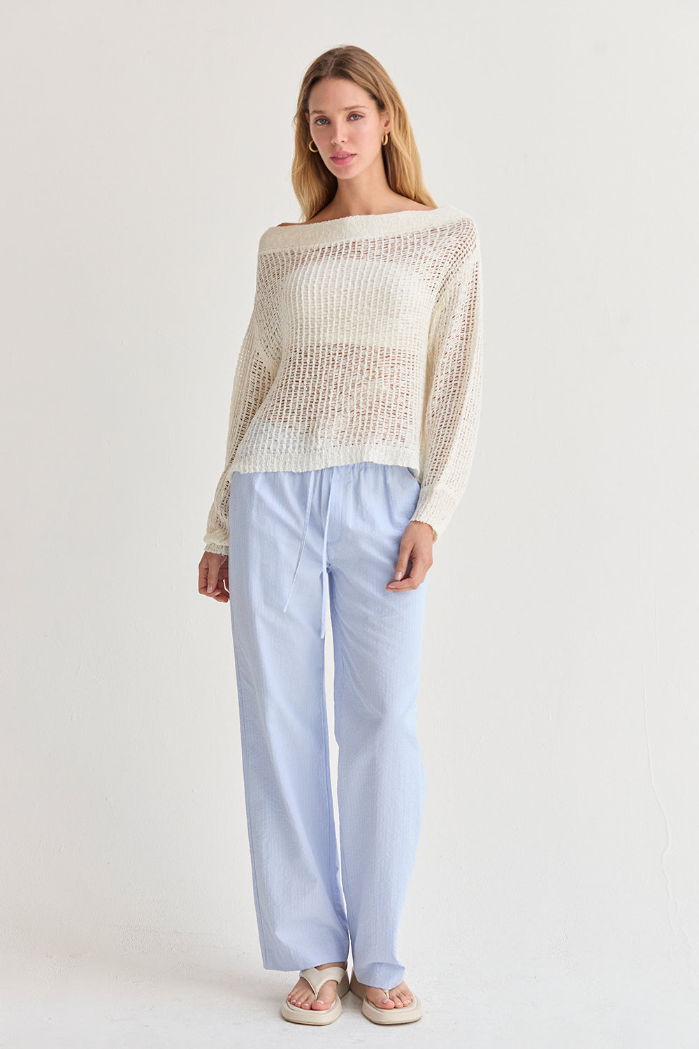 Pantalon décontracté à jambe droite et taille mi-haute en tissu texturé rayé avec cordon de serrage pour femme