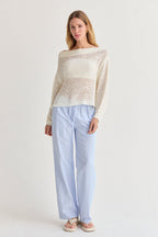 Pantalon décontracté à jambe droite et taille mi-haute en tissu texturé rayé avec cordon de serrage pour femme