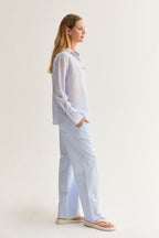 Pantalon décontracté à jambe droite et taille mi-haute en tissu texturé rayé avec cordon de serrage pour femme
