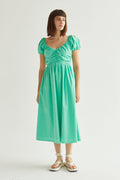 Robe midi évasée à col en cœur et manches bouffantes, avec poches latérales