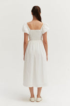 Robe midi évasée à col en cœur et manches bouffantes, avec poches latérales