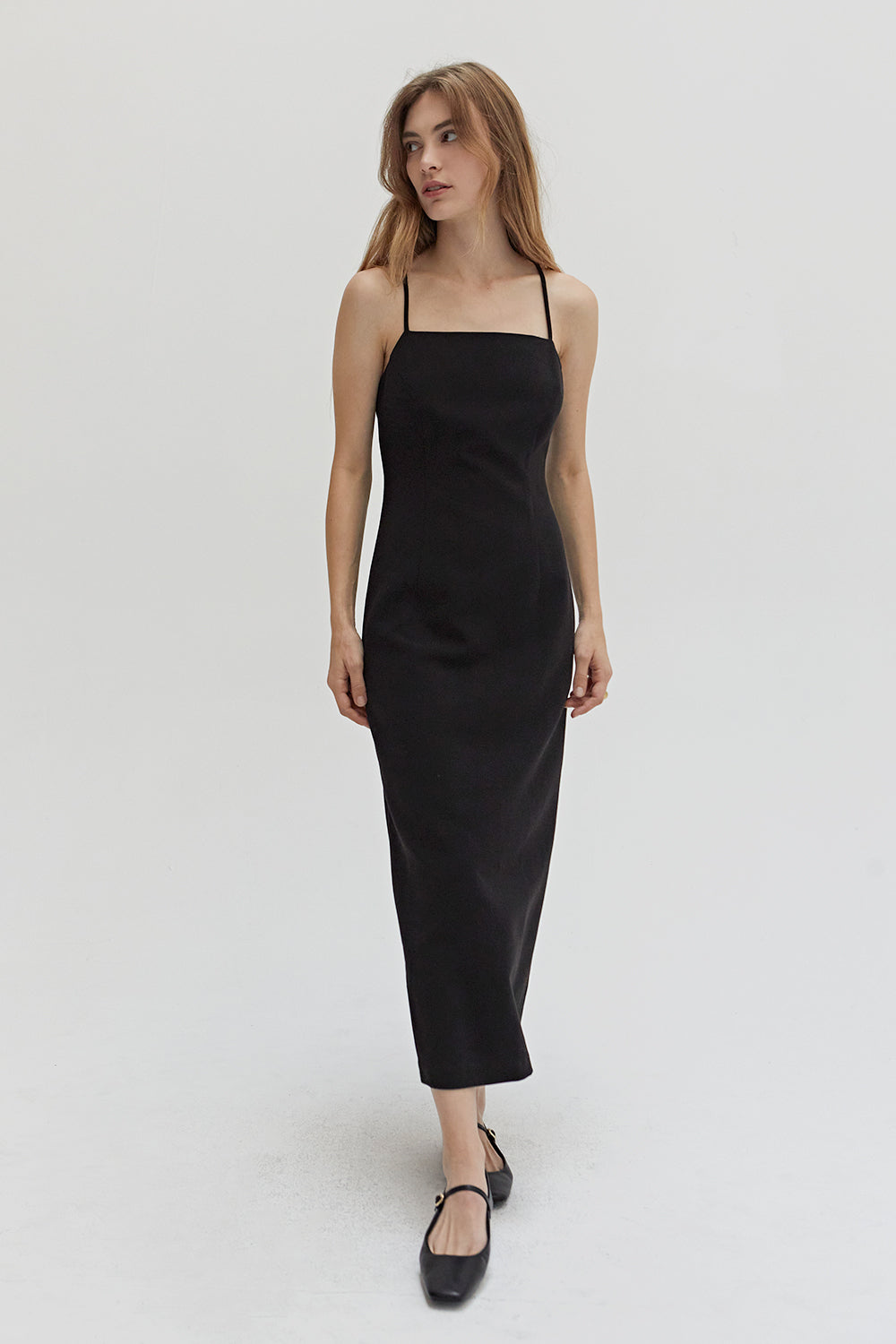 Robe midi sans manches en tissu mélangé à dos croisé avec fente au dos
