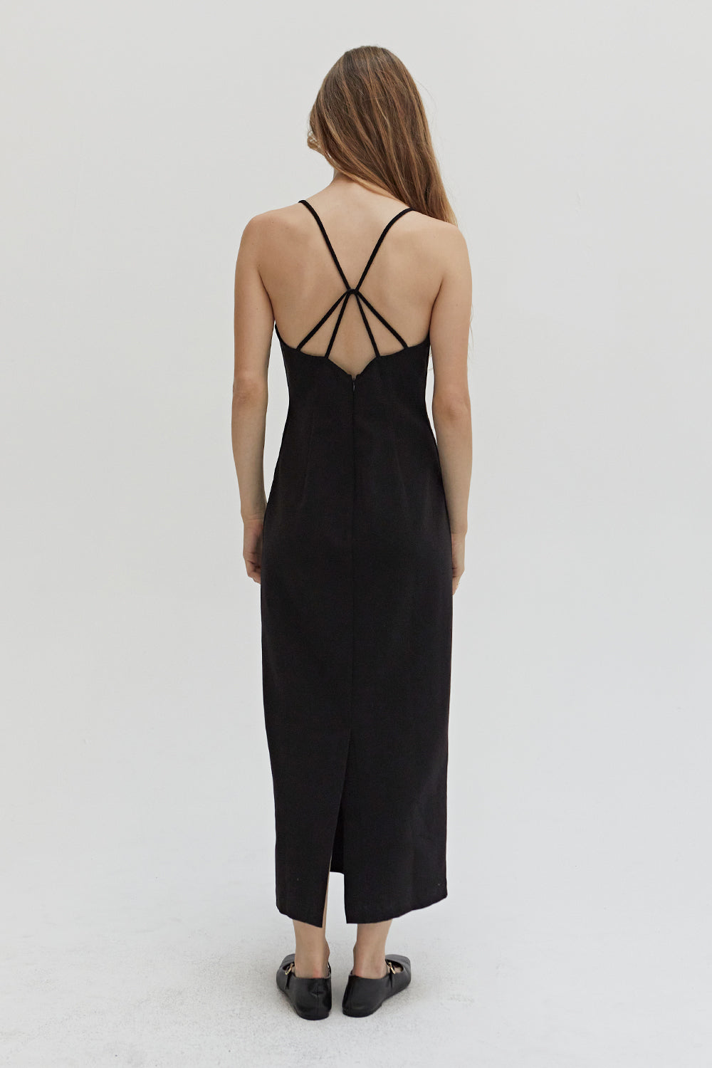 Robe midi sans manches en tissu mélangé à dos croisé avec fente au dos