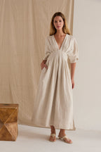 Robe Midi en Lin Plissé à Col V et Manches Dolman