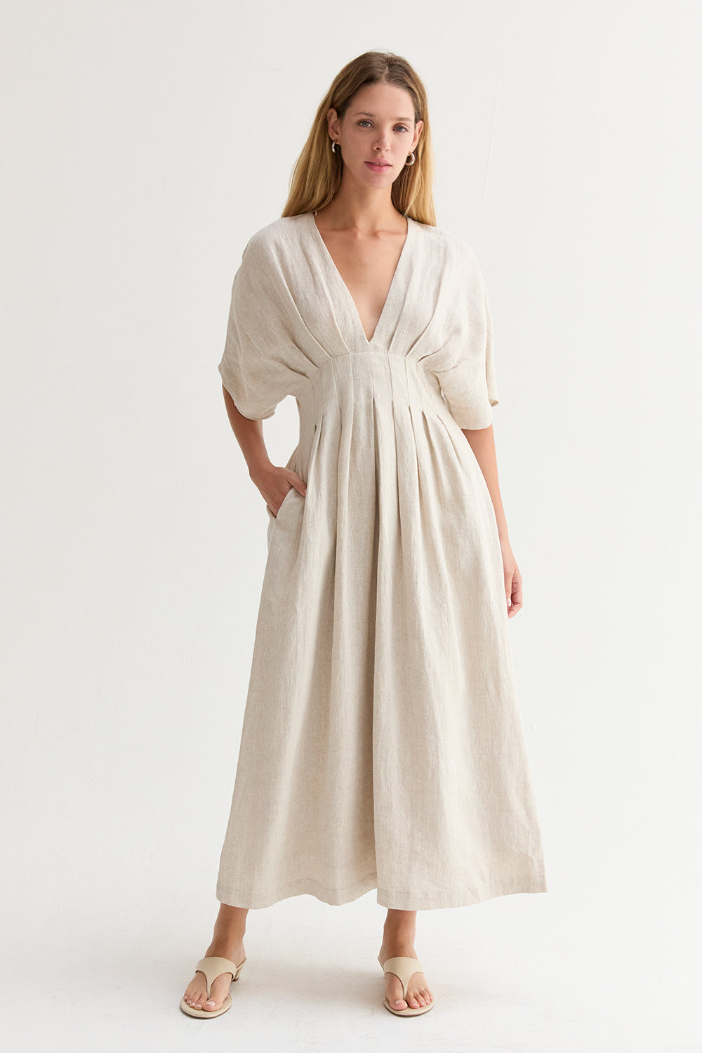 Robe Midi en Lin Plissé à Col V et Manches Dolman