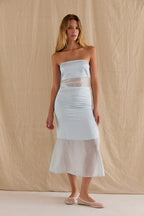 Robe midi bustier en satin à matériaux mixtes