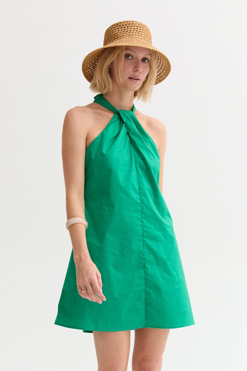 Mini-robe évasée en popeline, à nouer derrière le cou