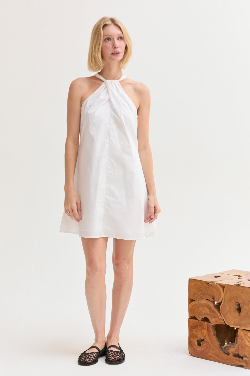 Mini-robe évasée en popeline, à nouer derrière le cou