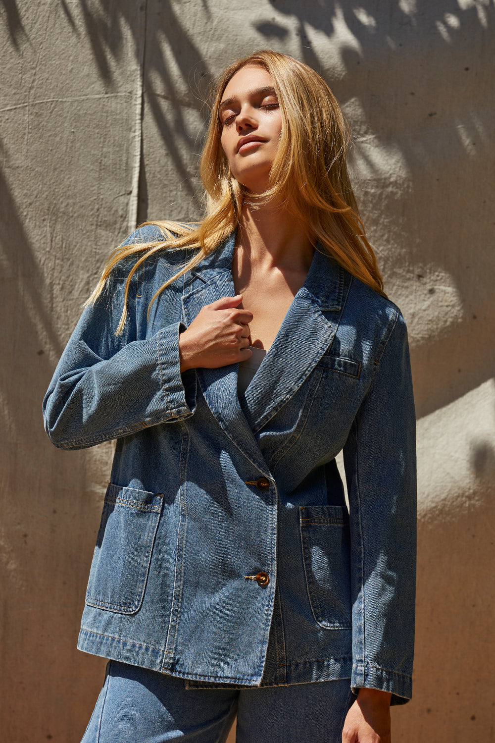 Veste Blazer en Jean à Double Boutonnage et Revers Cranté