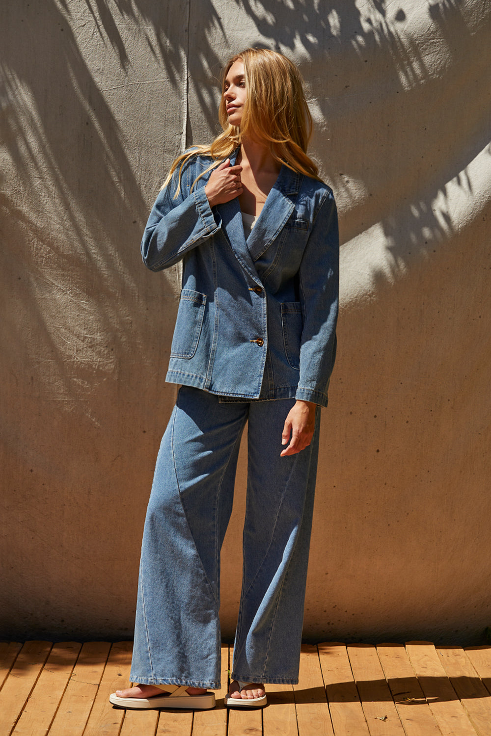 Veste Blazer en Jean à Double Boutonnage et Revers Cranté