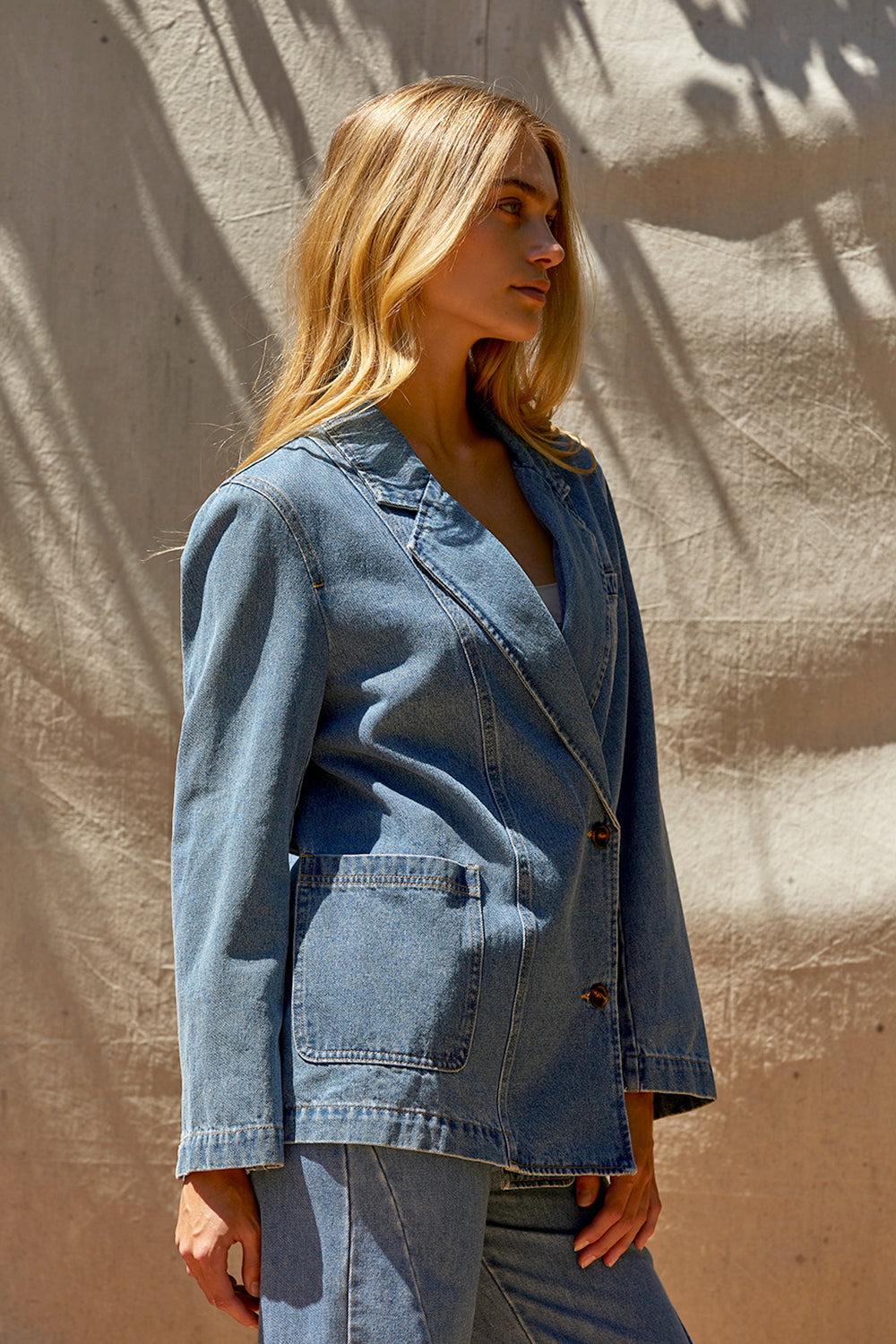 Veste Blazer en Jean à Double Boutonnage et Revers Cranté