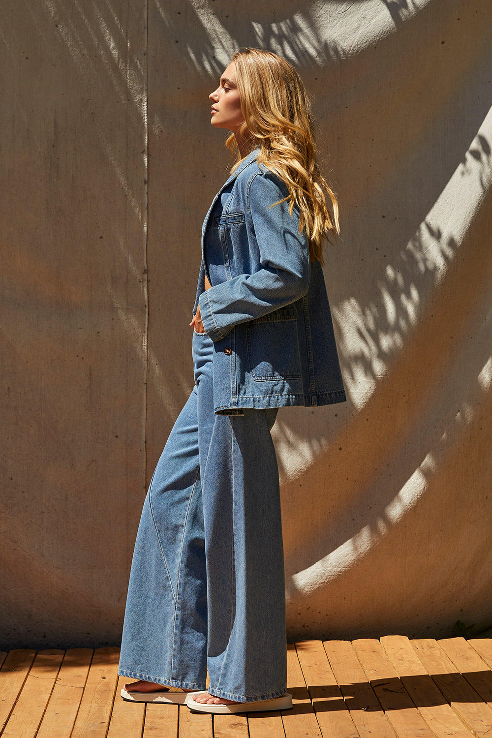 Veste Blazer en Jean à Double Boutonnage et Revers Cranté