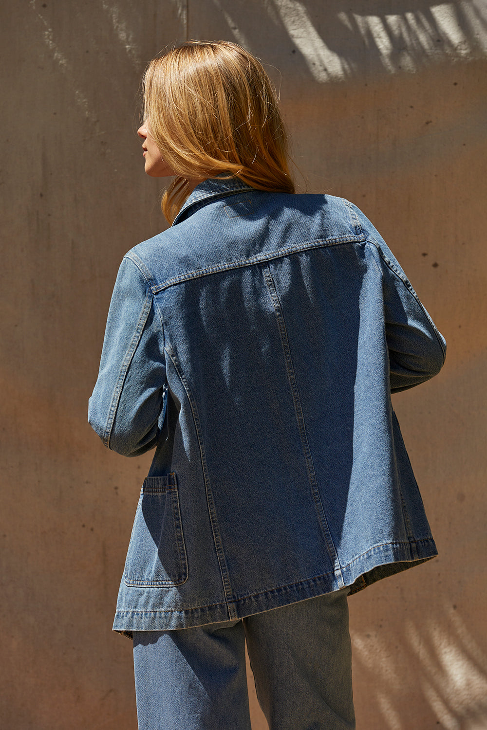 Veste Blazer en Jean à Double Boutonnage et Revers Cranté