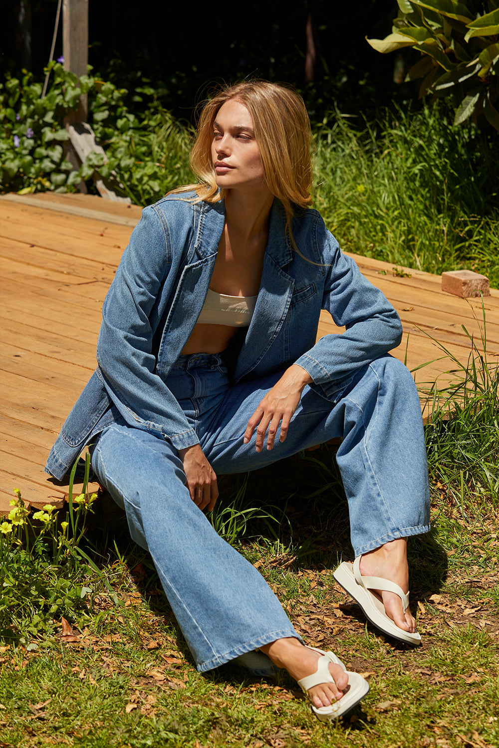 Veste Blazer en Jean à Double Boutonnage et Revers Cranté
