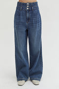 Pantalon en jean taille haute à jambe large et détails corset, bleu denim