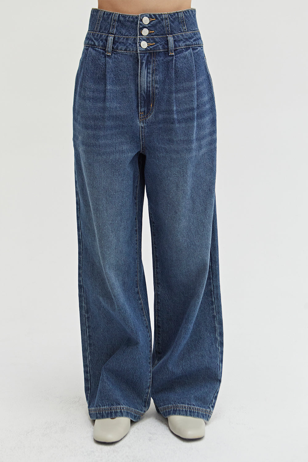 Pantalon en jean taille haute à jambe large et détails corset, bleu denim