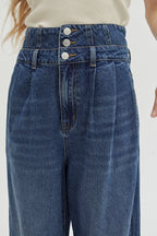 Pantalon en jean taille haute à jambe large et détails corset, bleu denim