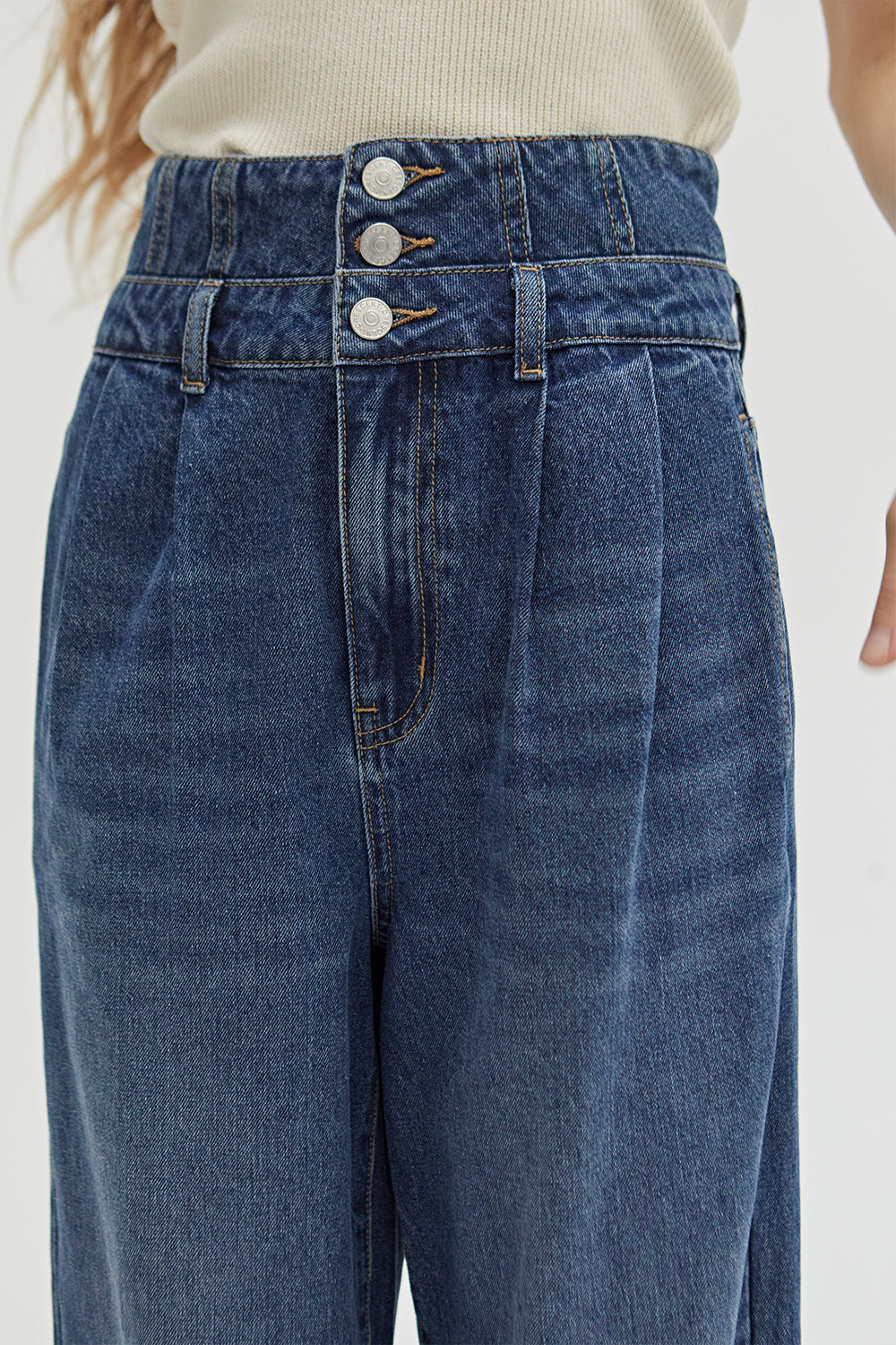 Pantalon en jean taille haute à jambe large et détails corset, bleu denim