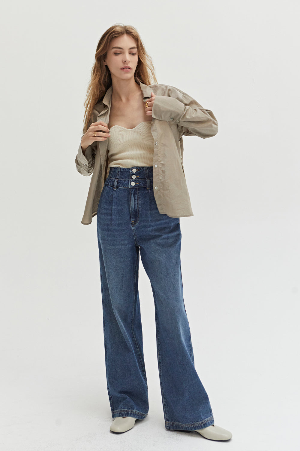 Pantalon en jean taille haute à jambe large et détails corset, bleu denim