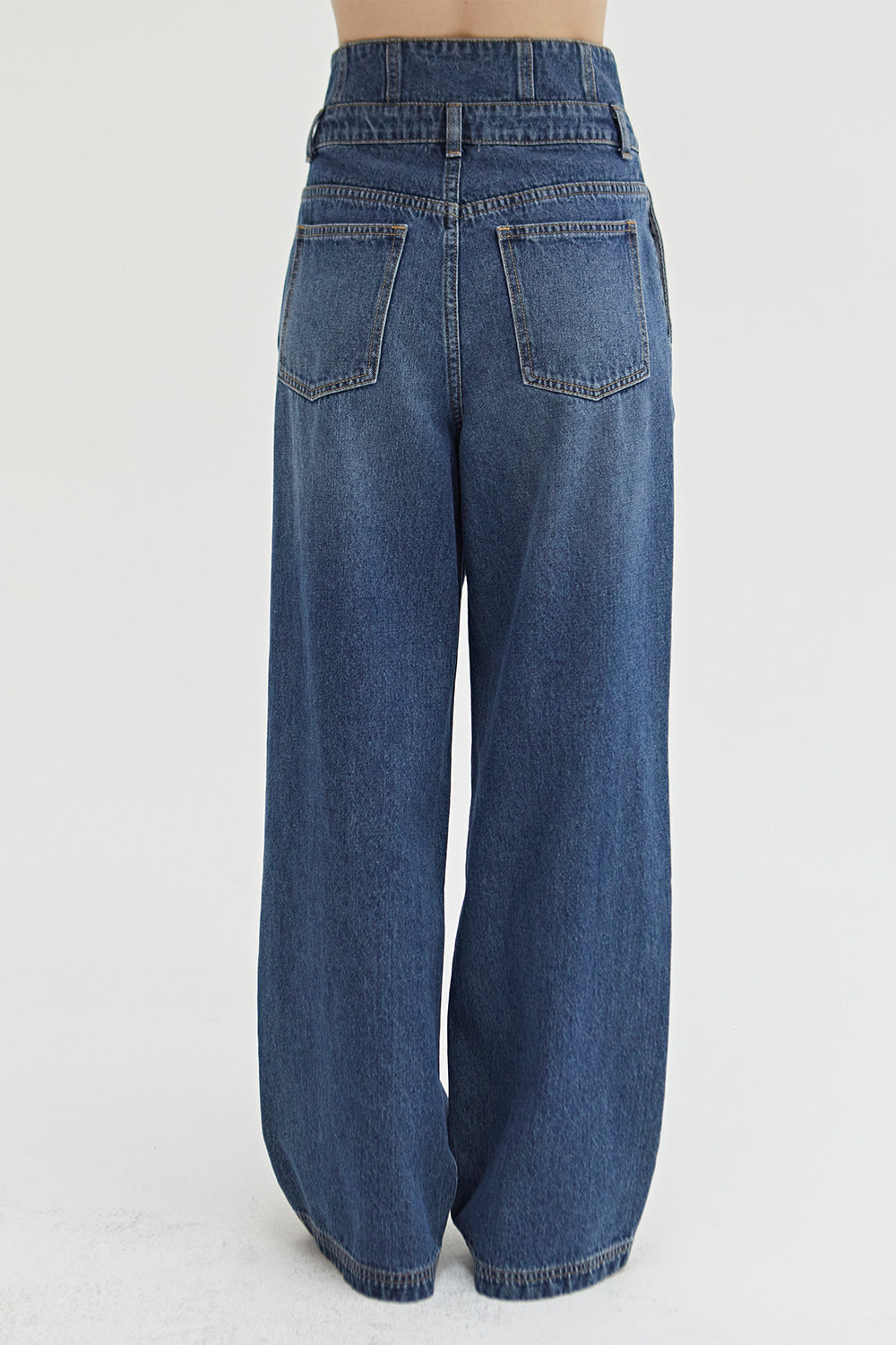 Pantalon en jean taille haute à jambe large et détails corset, bleu denim