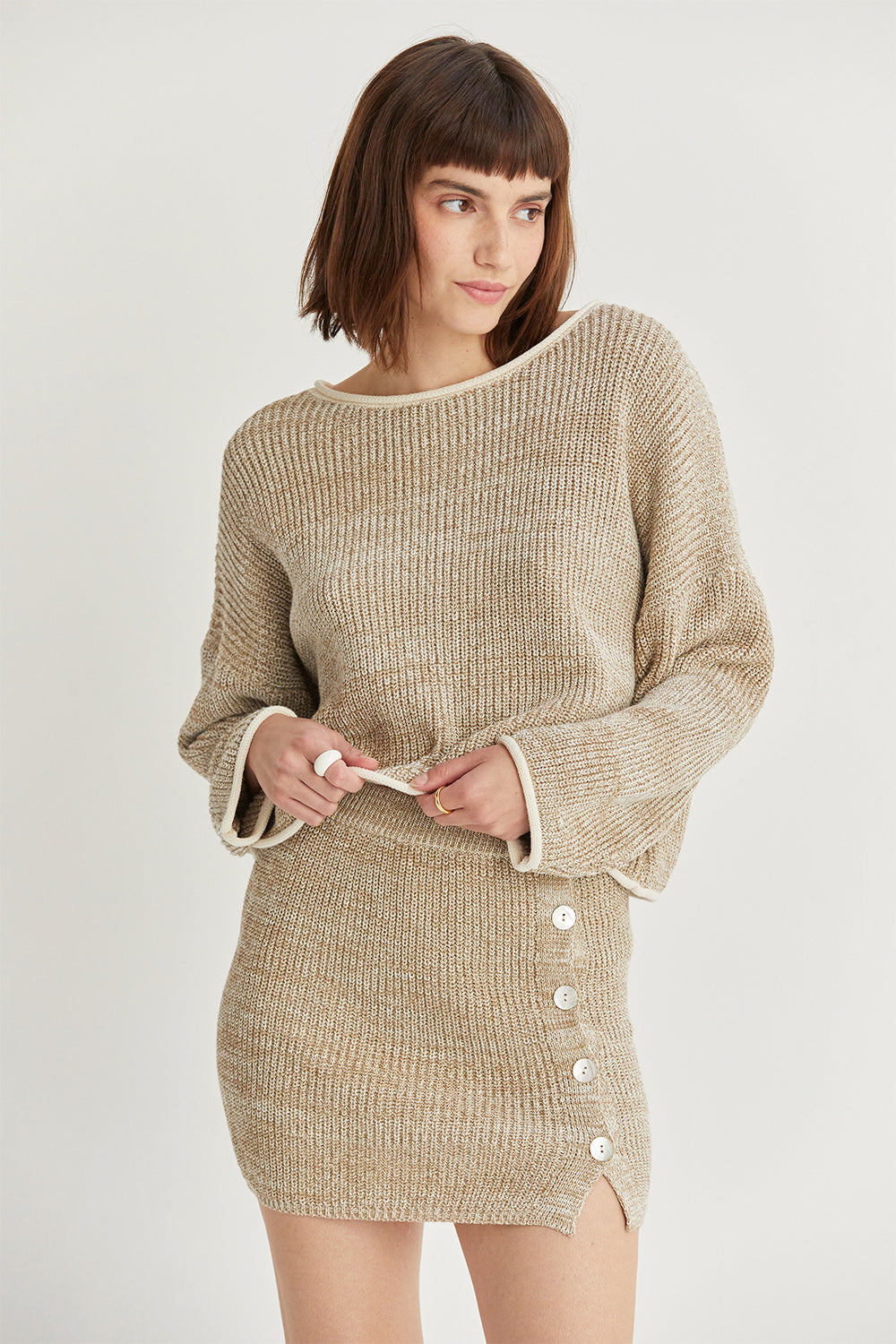 Mini-jupe en coton chiné avec détail de faux boutons