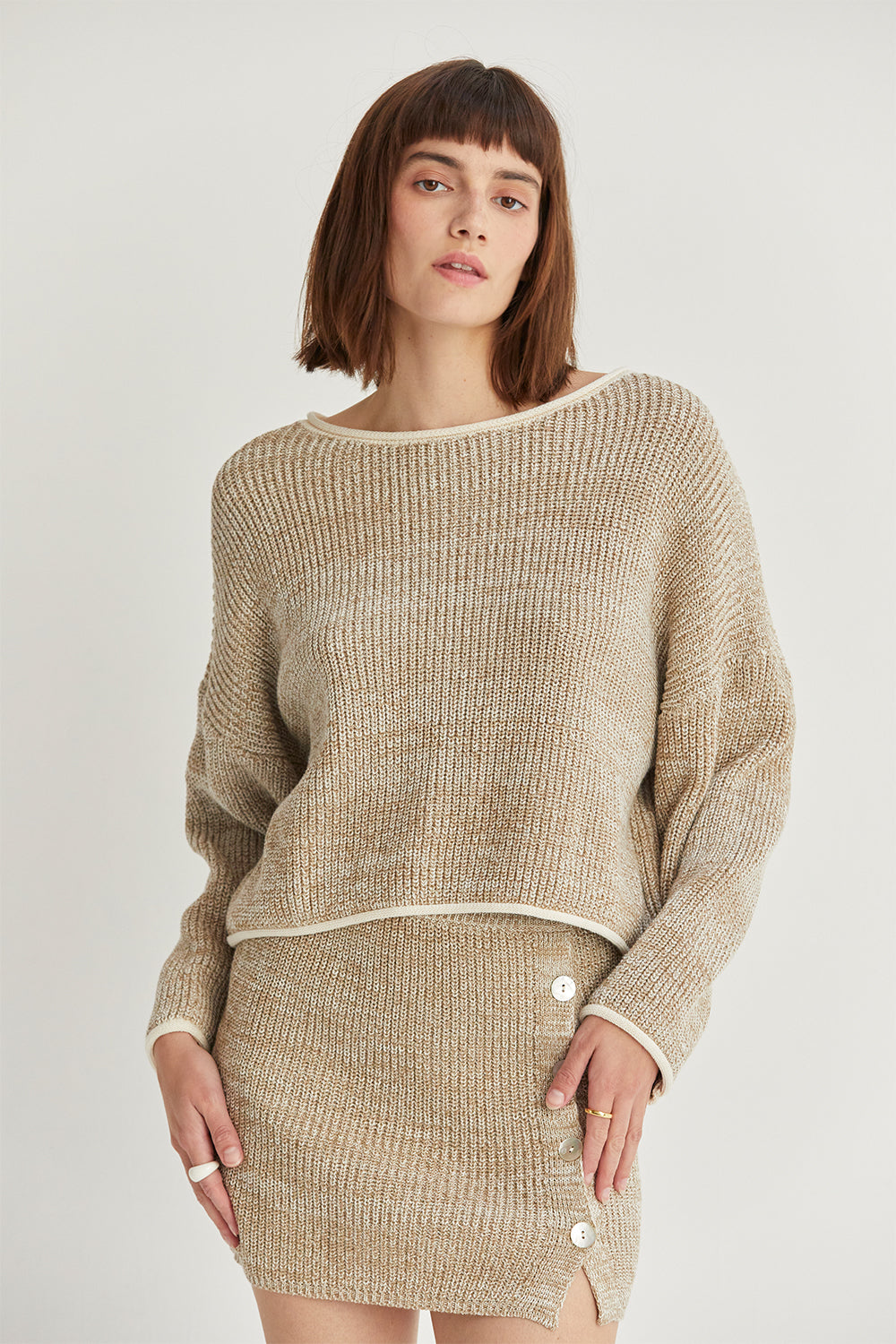 Mini-jupe en coton chiné avec détail de faux boutons