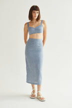 Jupe midi droite en lin taille haute bleue avec détail smocké