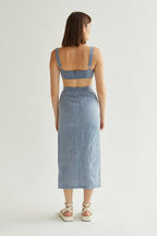 Jupe midi droite en lin taille haute bleue avec détail smocké