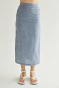 Jupe midi droite en lin taille haute bleue avec détail smocké