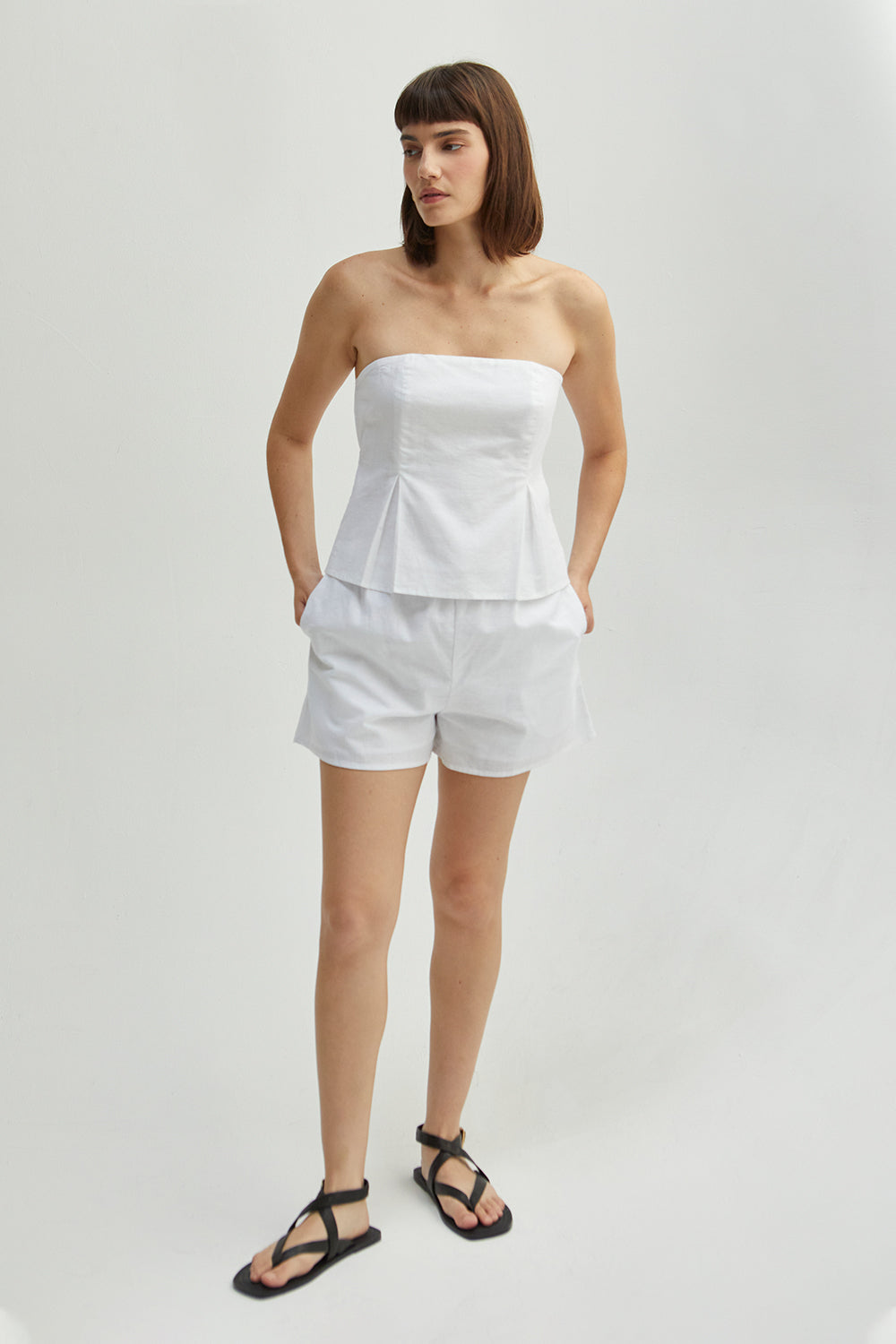 Haut tube bustier évasé en mélange lin et coton