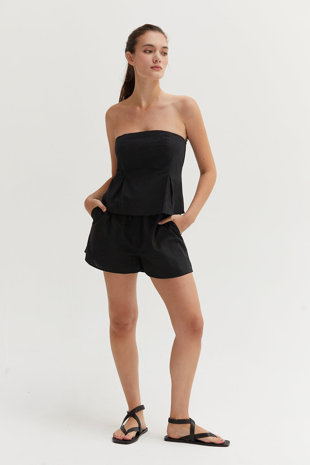 Haut tube bustier évasé en mélange lin et coton