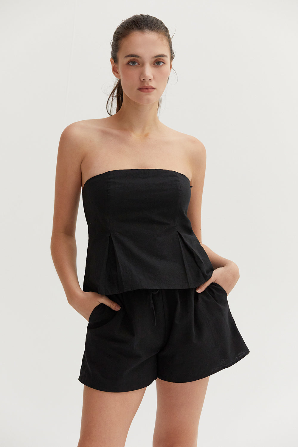 Haut tube bustier évasé en mélange lin et coton