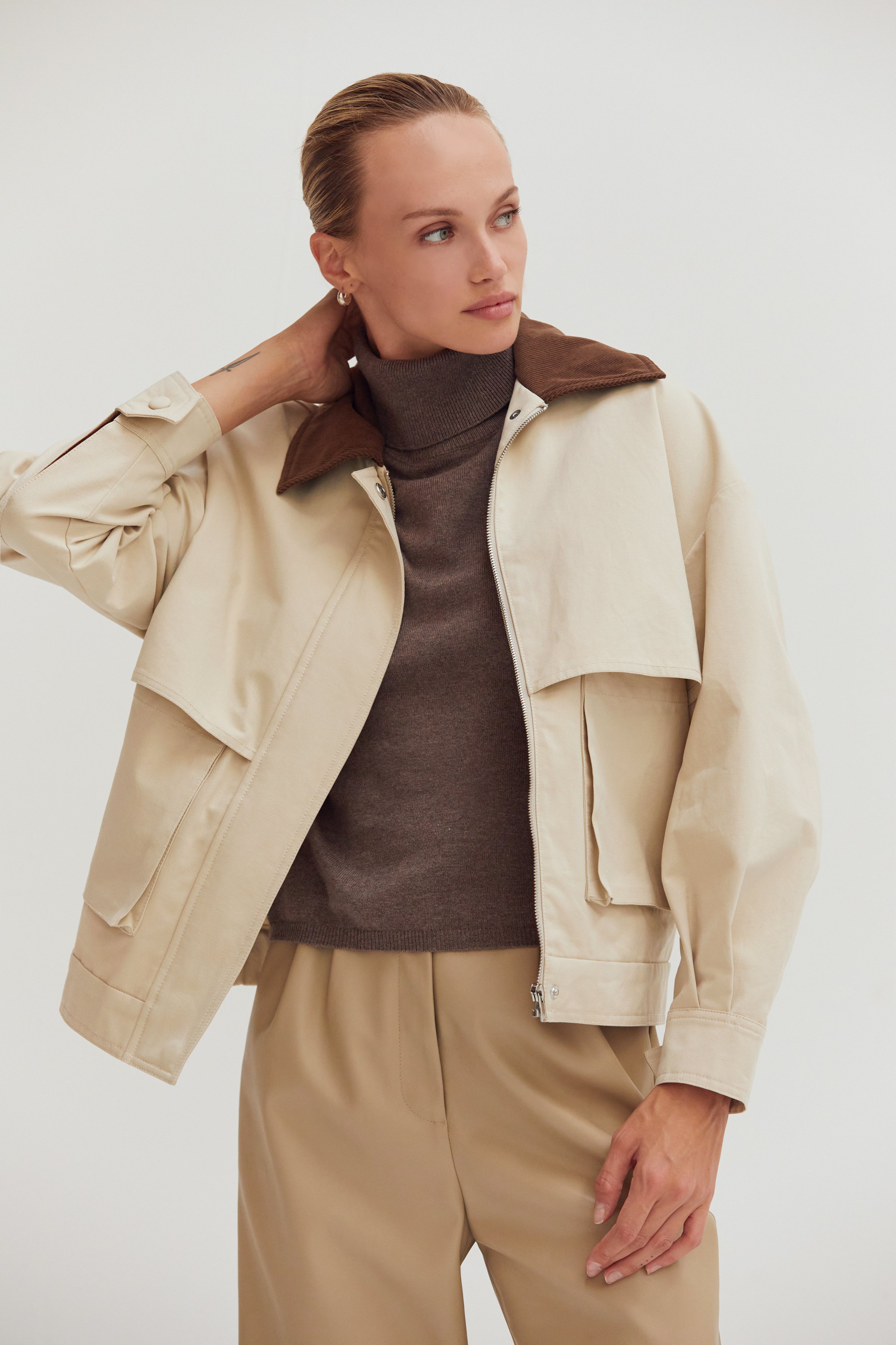 Veste de travail en toile à col contrastant Coupe décontractée Vêtement d'extérieur utilitaire surdimensionné