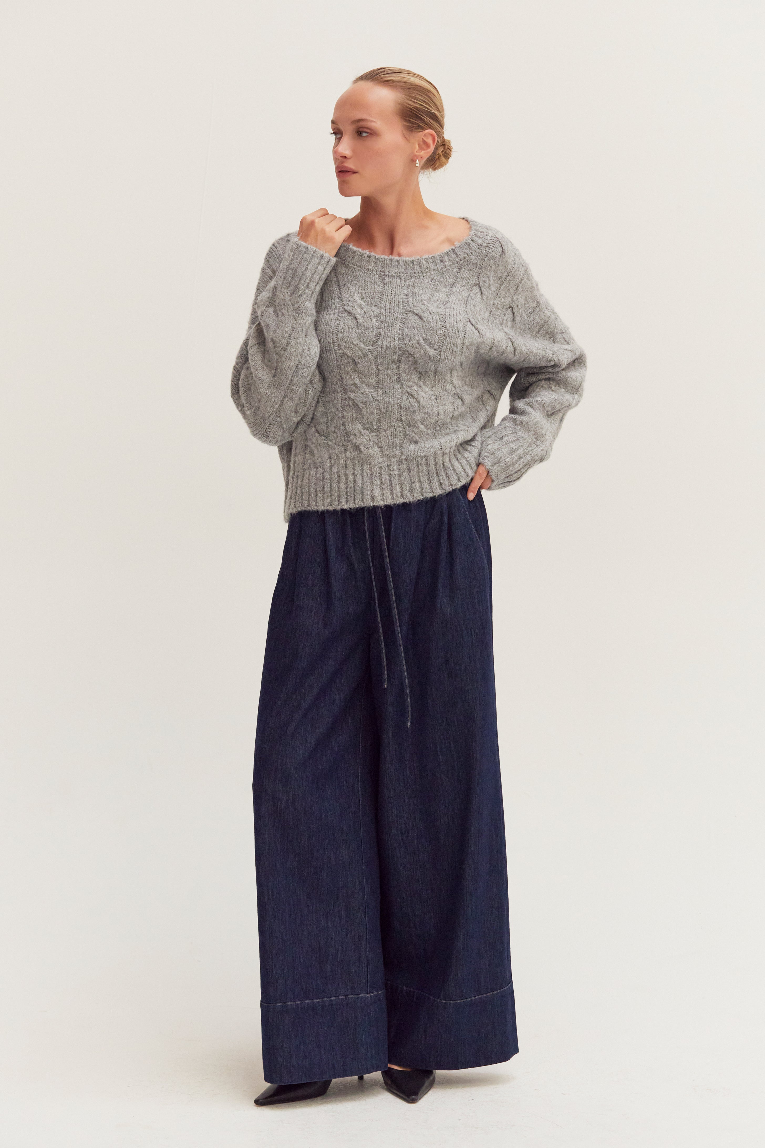 Pantalon en chambray large à cordon de serrage bleu taille haute avec revers