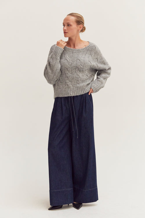 Pantalon en chambray large à cordon de serrage bleu taille haute avec revers
