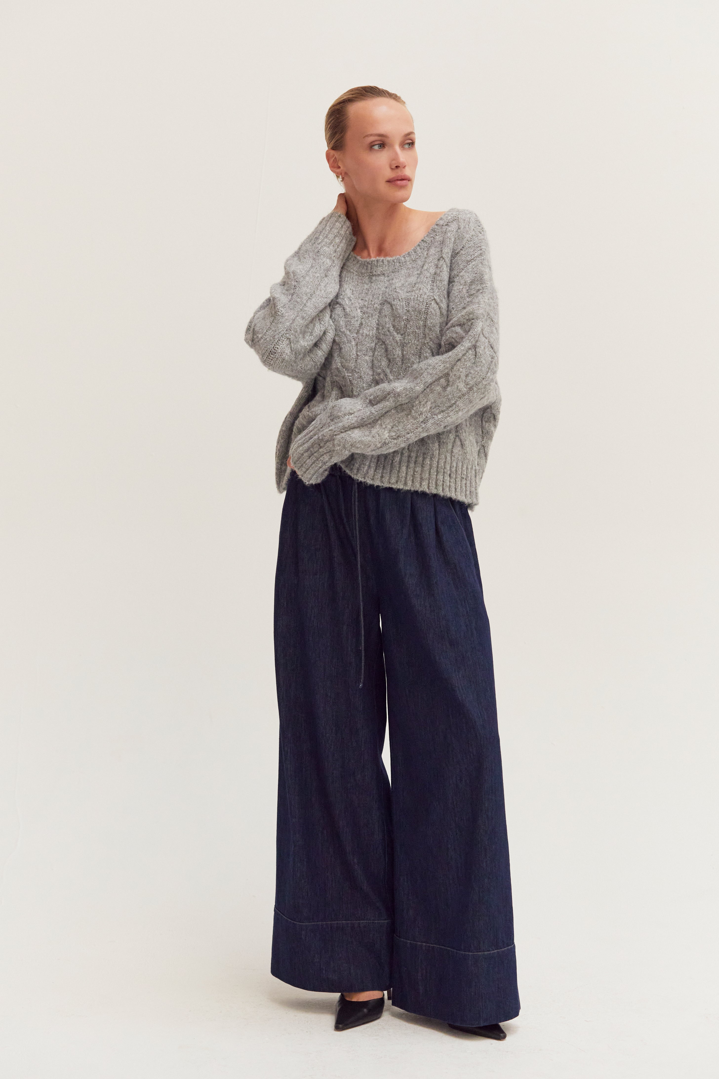 Pantalon en chambray large à cordon de serrage bleu taille haute avec revers
