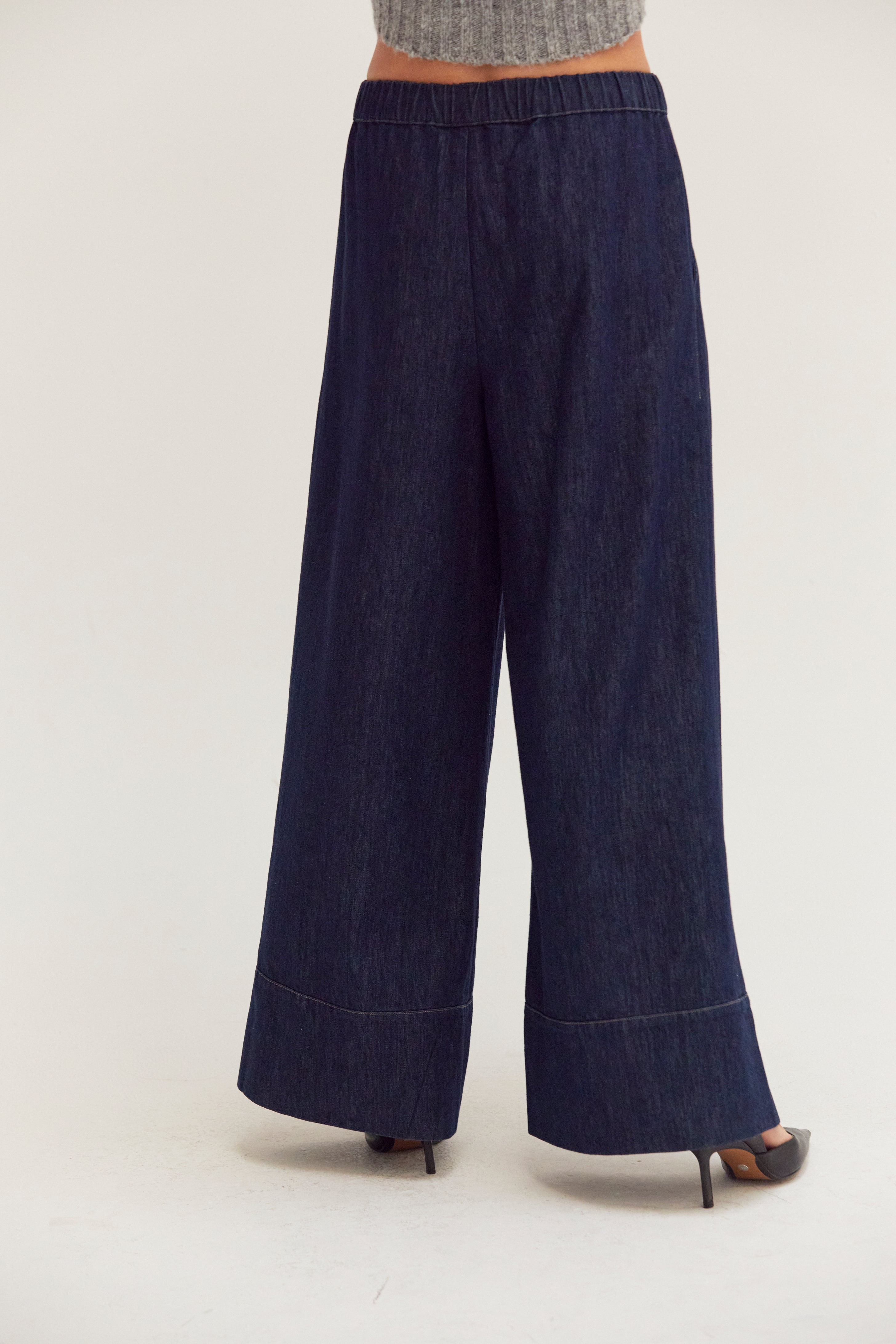 Pantalon en chambray large à cordon de serrage bleu taille haute avec revers