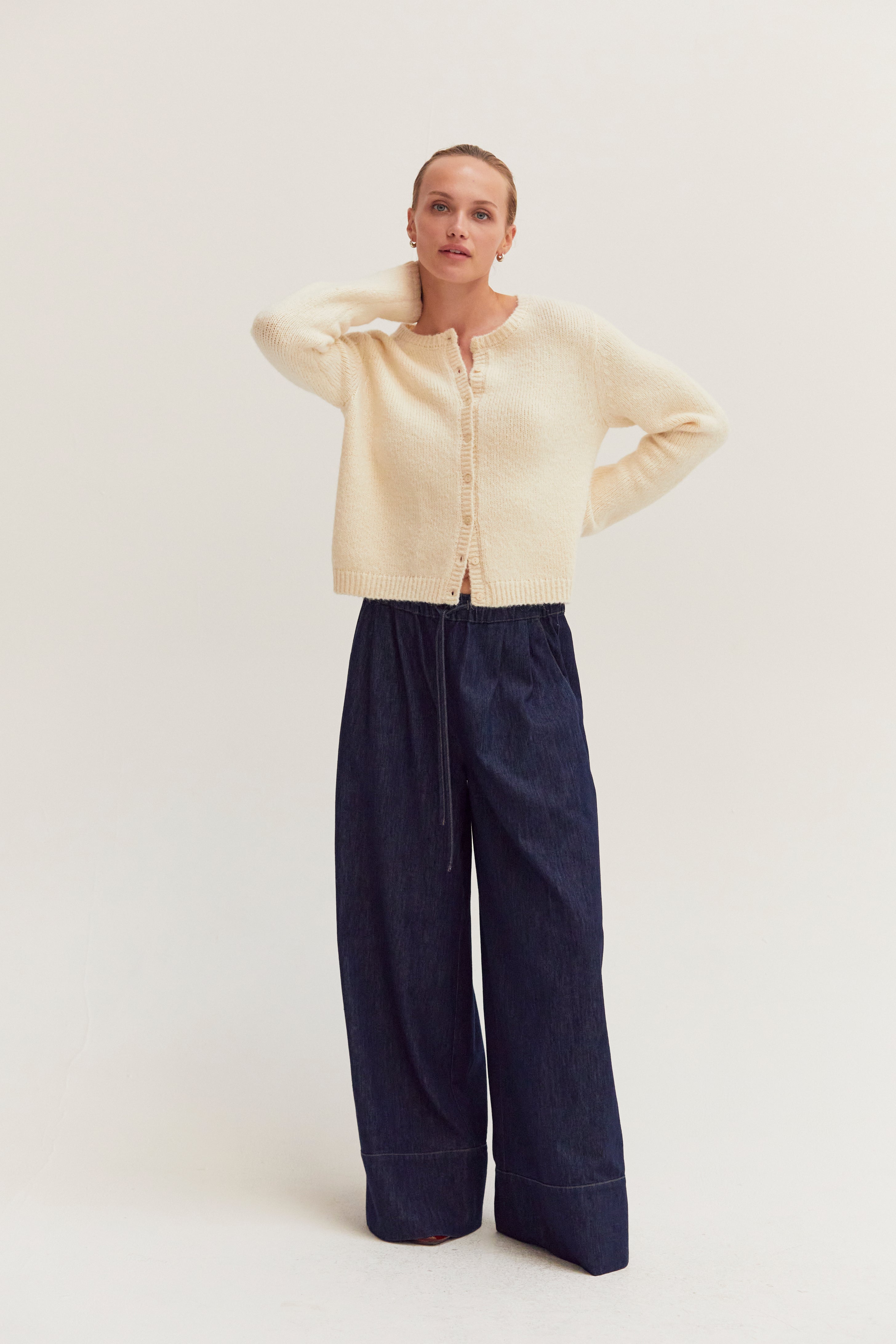 Pantalon en chambray large à cordon de serrage bleu taille haute avec revers